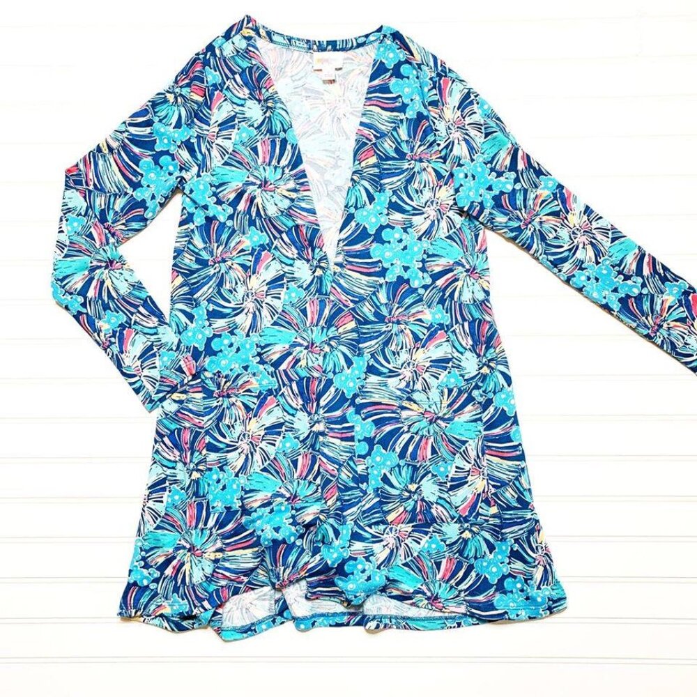 NEW M LuLaRoe Caroline Long Sleeve Cardigan Blue Pink Floral Leaves Swing Open